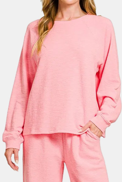 Slub Long Sleeve Top & Pants Set / DK PINK