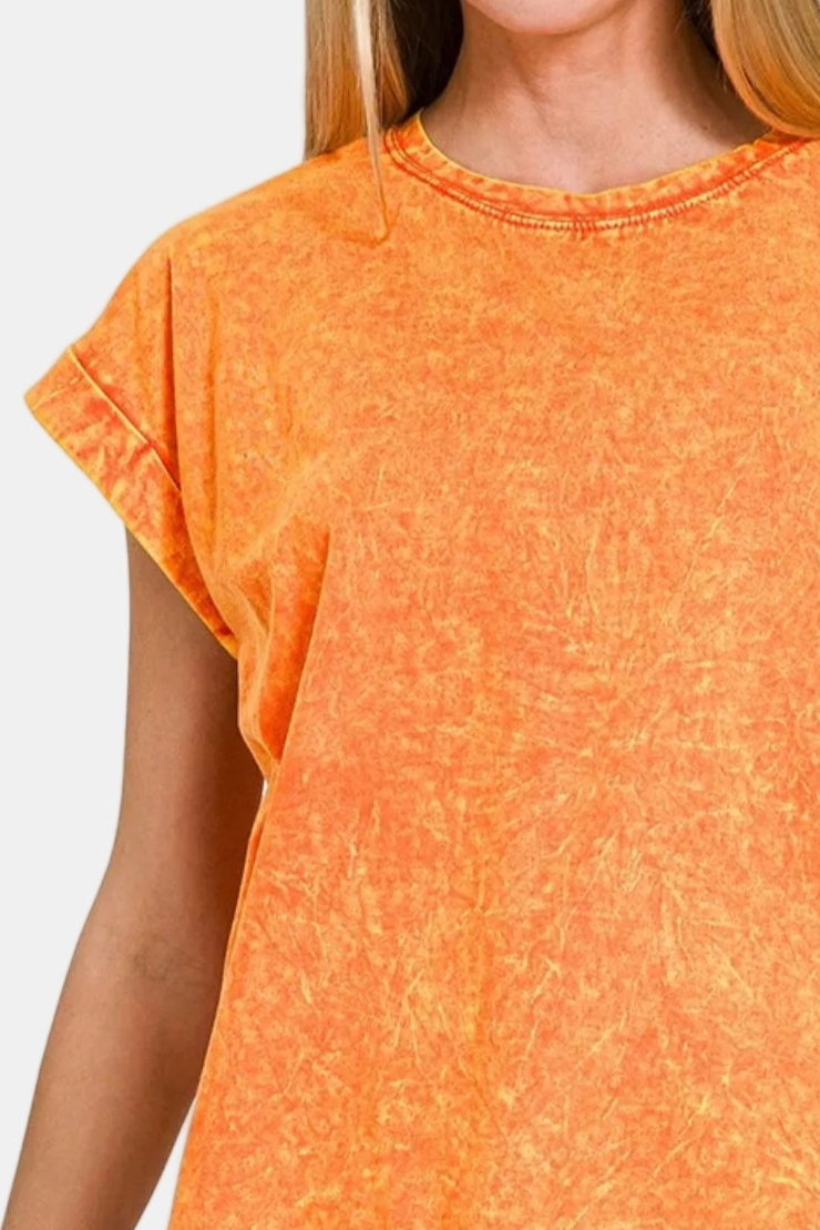 Crinkle Washed Round Neck Folded Short Sleeve Tee / ORANGE