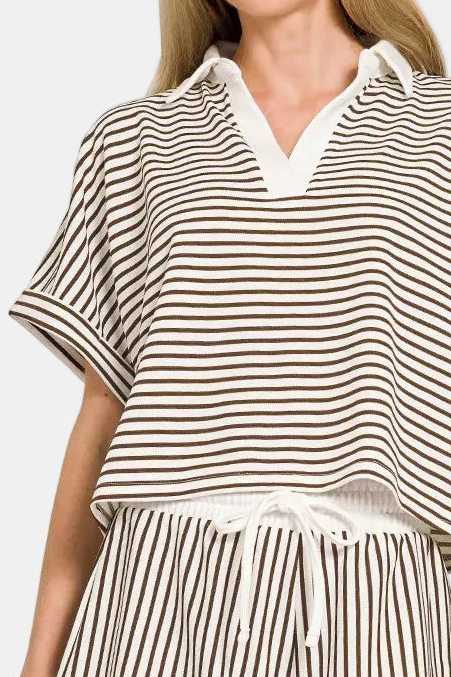 Striped Collared Top & Shorts Set / BROWN