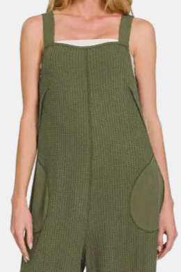 Knit Waffle Wide Leg Overalls / DK OLIVE