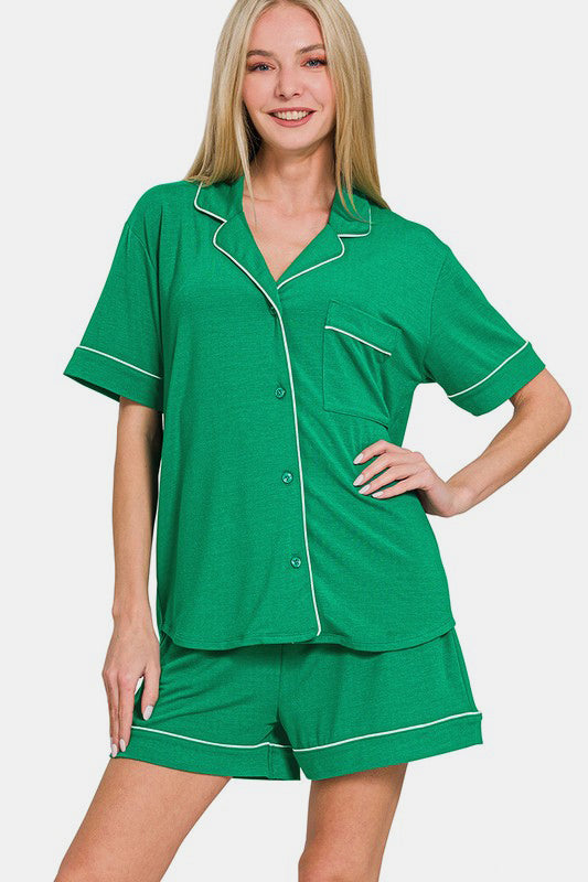 Short Sleeve Button Down Shirt & Shorts Set / K GREEN