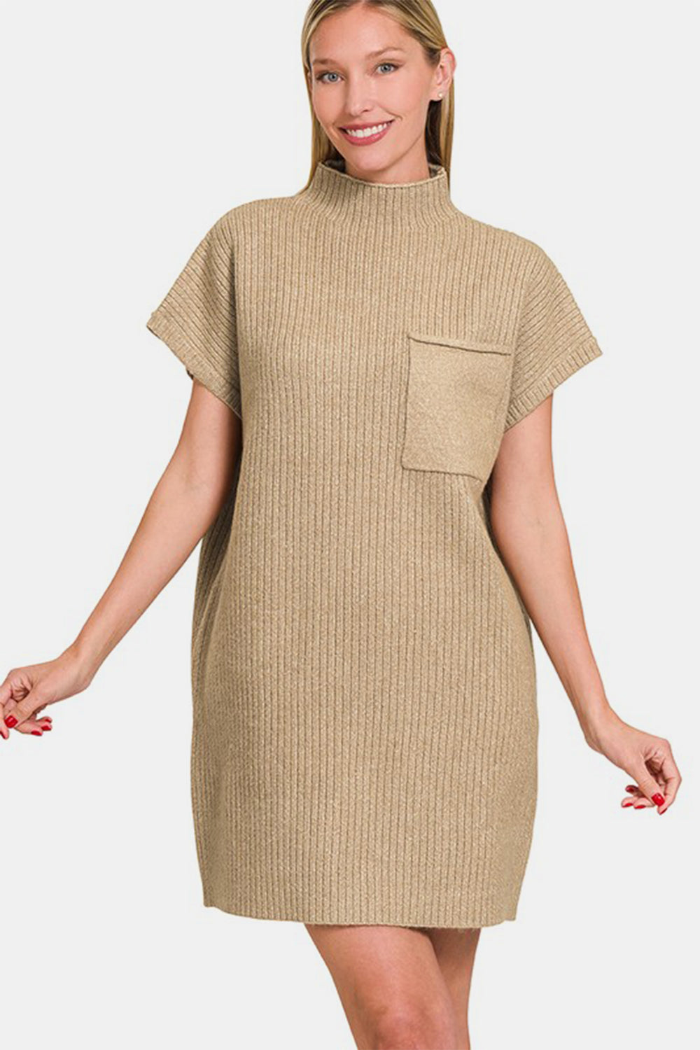 Mock Neck Short Sleeve Sweater Dress With Pocket / H MOCHA