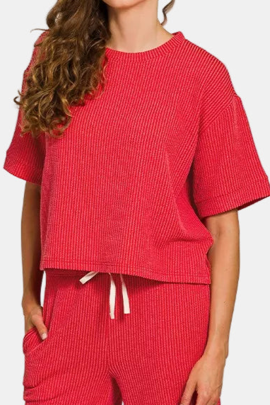 Raised Rib Short Sleeve Tee & Pants Set / RUBY