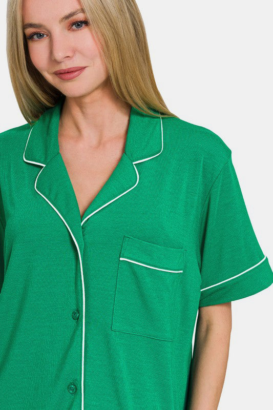 Short Sleeve Button Down Shirt & Shorts Set / K GREEN