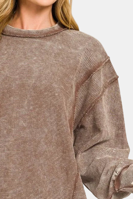 Acid Washed Double Ribbed Exposed-Seam Pullover / BROWN