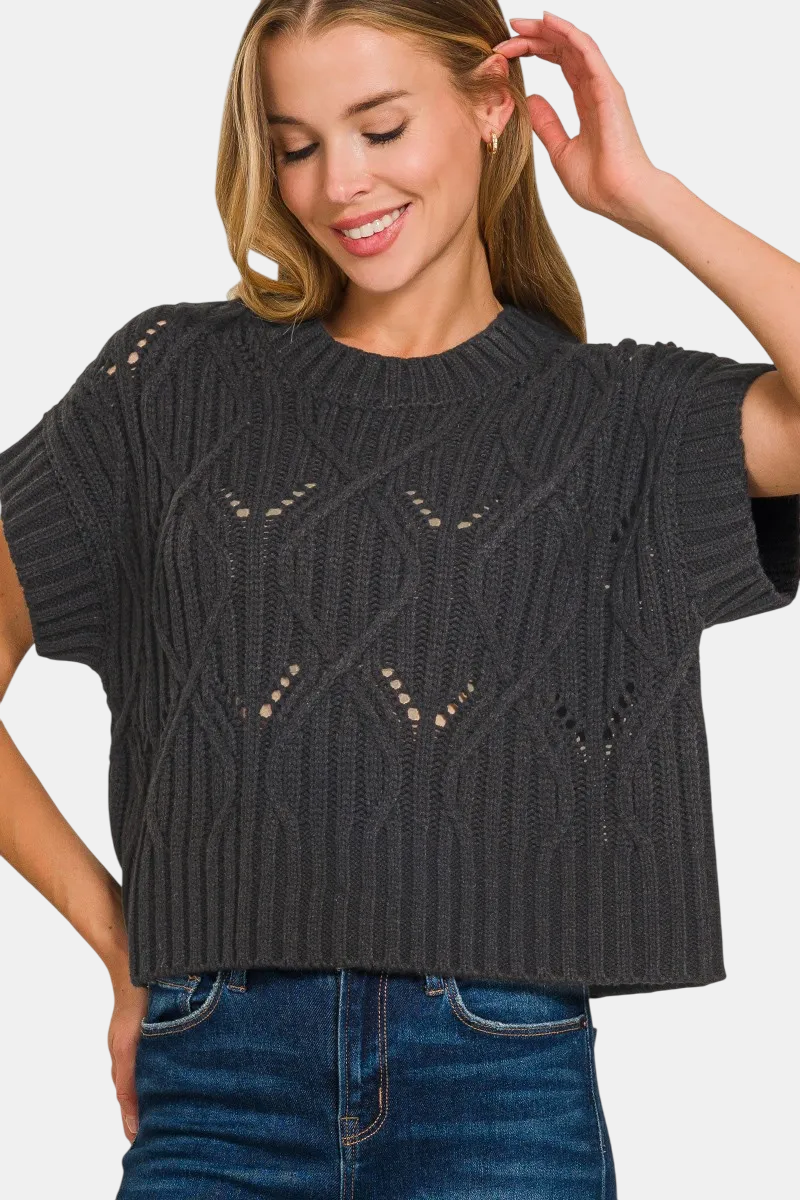Cable Knit Short Sleeve Sweater / BLACK