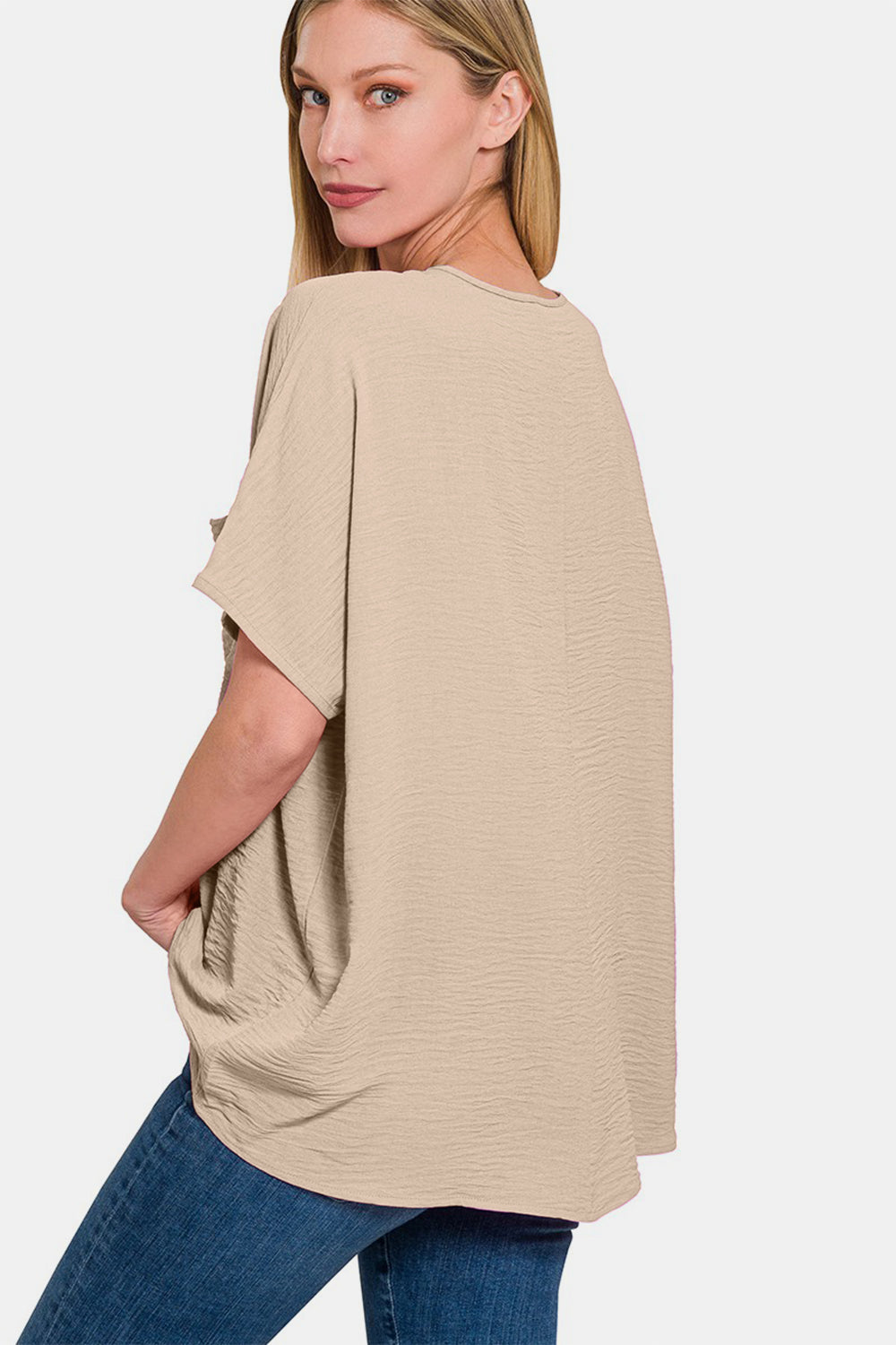Woven Airflow V-Neck Dolman Short Sleeve Top / LT MOCHA