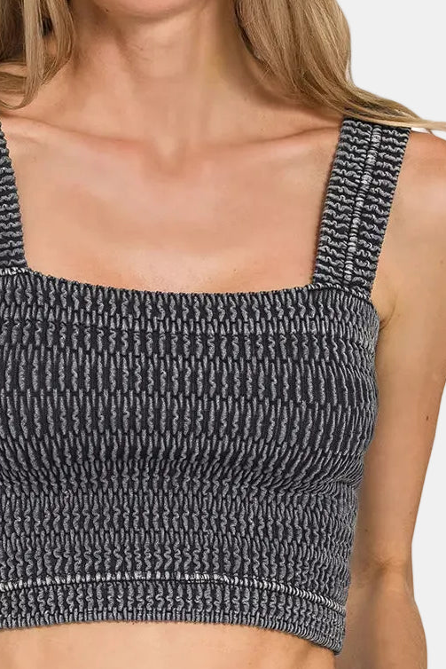 Seamless Textured Stone Washed Bra Top / BLACK