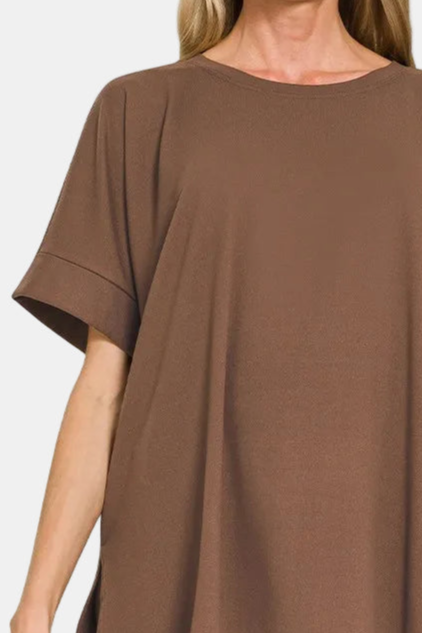 Brushed DTY Microfiber Round Neck Top & Biker Shorts Set / BROWN