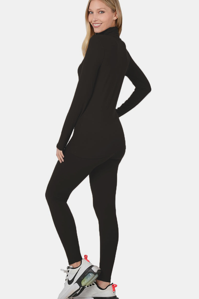 Microfiber Mock Neck Top & Leggings Set / BLACK