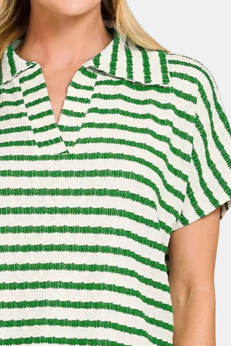 Striped Split Neck Collared Top / K GREEN
