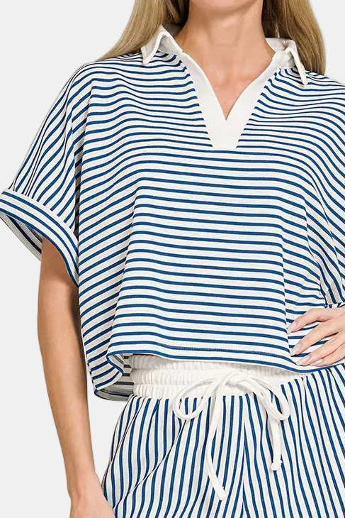 Striped Collared Top & Shorts Set / CLASSIC BLUE