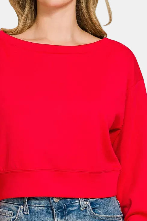 Scuba Cropped Boat Neck Pullover Sweatshirt / RUBY