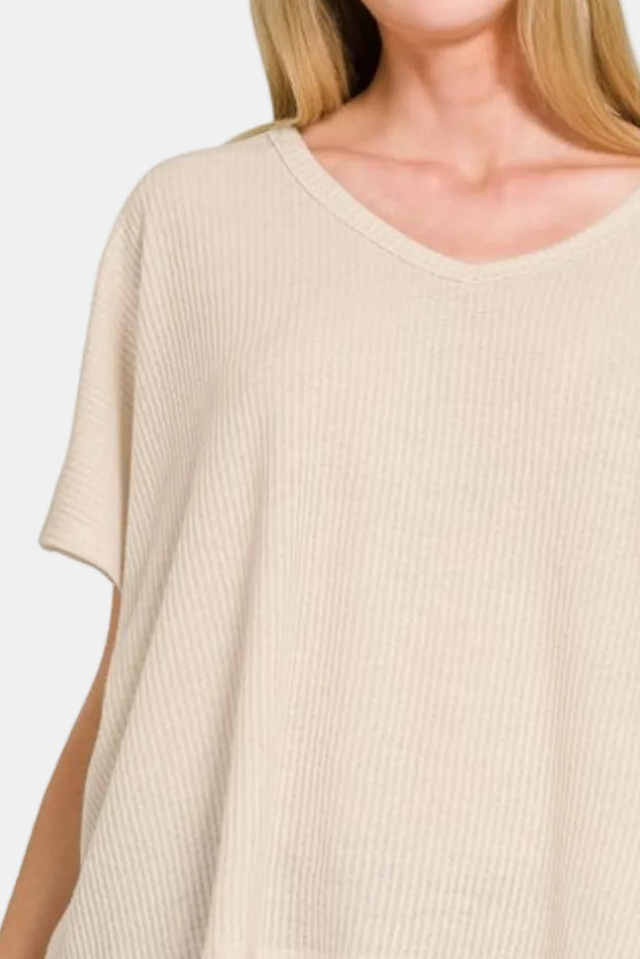 Ribbed V-Neck Short-Sleeve Sweater / SAND BEIGE
