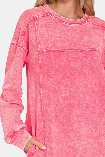 French Terry Acid Washed Dress with Pockets / FUCHSIA