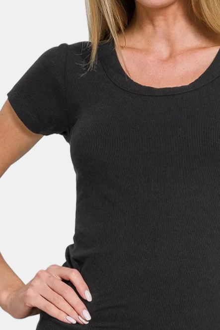 Ribbed Round Neck Short Sleeve Tee Shirt / BLACK