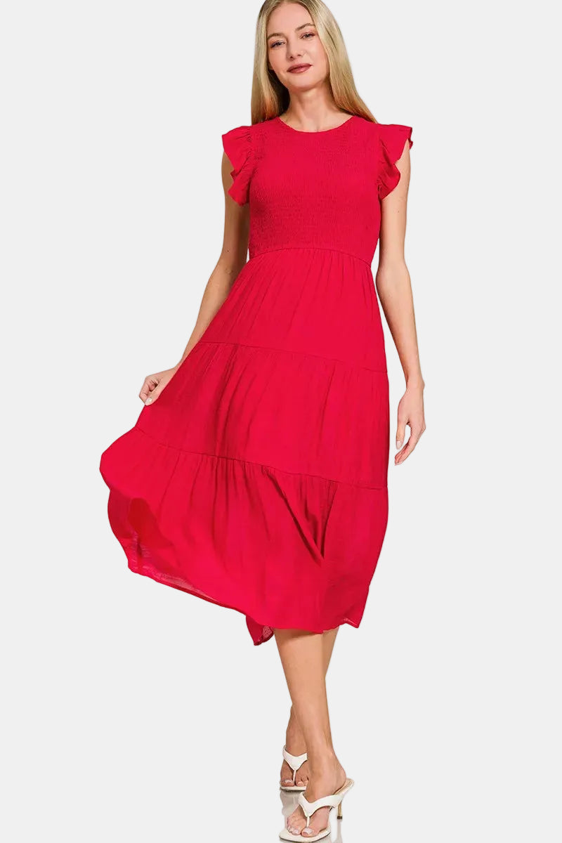 Woven Smocked Ruffle Sleeve Midi Dress / RED – Z Clothing Co