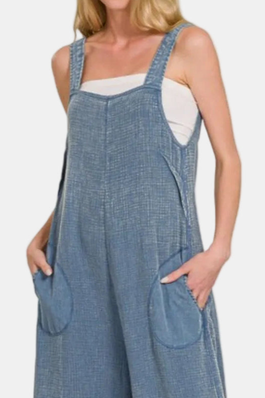 Double Gauze Washed Wide Leg Overalls / DUSTY BLUE