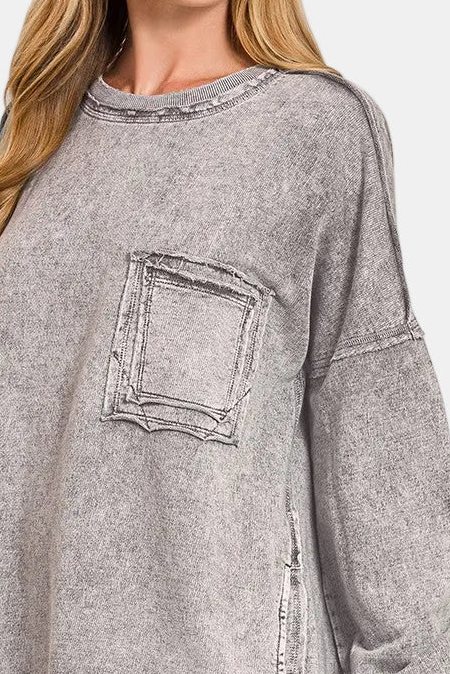 Halo Washed French Terry Exposed-Seam Sweatshirt / ASH BLACK