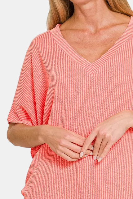 Raised Rib V-Neck Batwing Top / CORAL