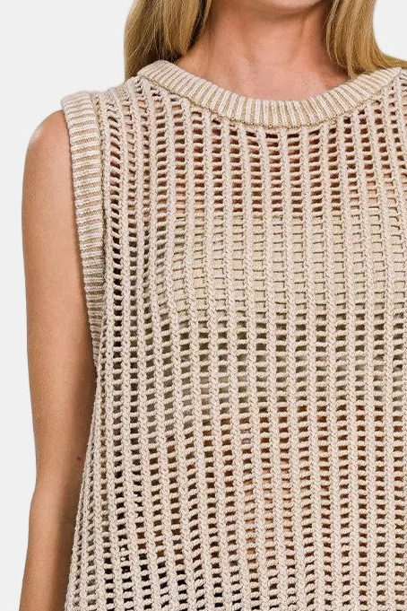 Acid Washed Fishnet Sweater Vest / LT MOCHA