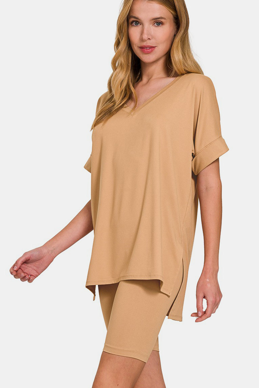 Brushed DTY Microfiber V-Neck Top & Biker Shorts / DK BRUSH