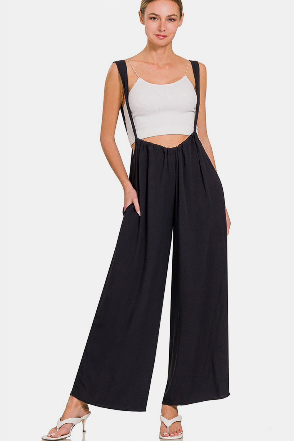 Woven Tie Back Suspender Jumpsuit With Pockets / BLACK