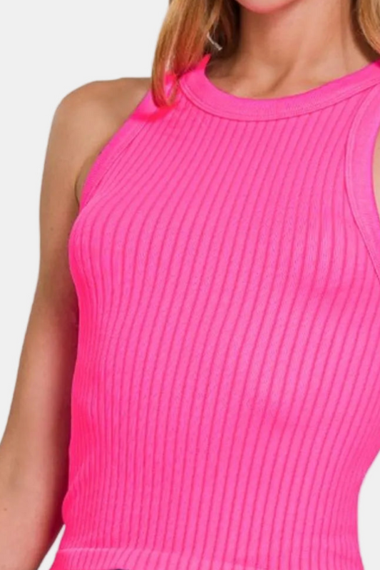 Seamless Ribbed Crop Tank Top / NEON FUCHSIA