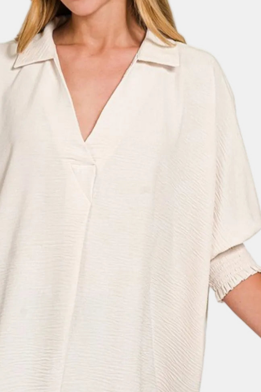 Airflow Collar Tee with Smocked Sleeve Band Top / SAND BEIGE