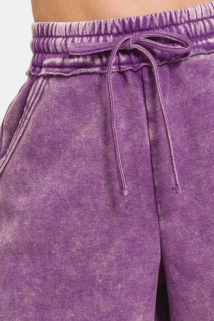 Acid Wash Fleece Drawstring Shorts With Pockets / VIOLET