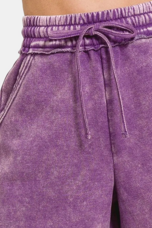 Acid Wash Fleece Drawstring Shorts With Pockets / VIOLET