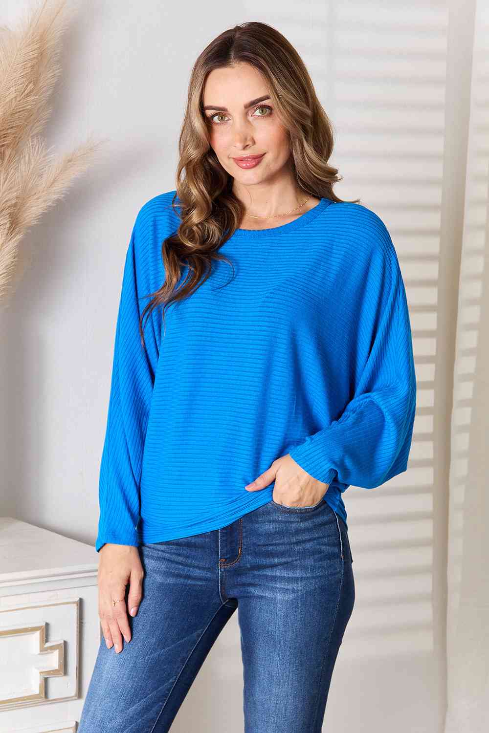 Ribbed Batwing Long Sleeve Boat Neck Sweater / OCEAN BLUE