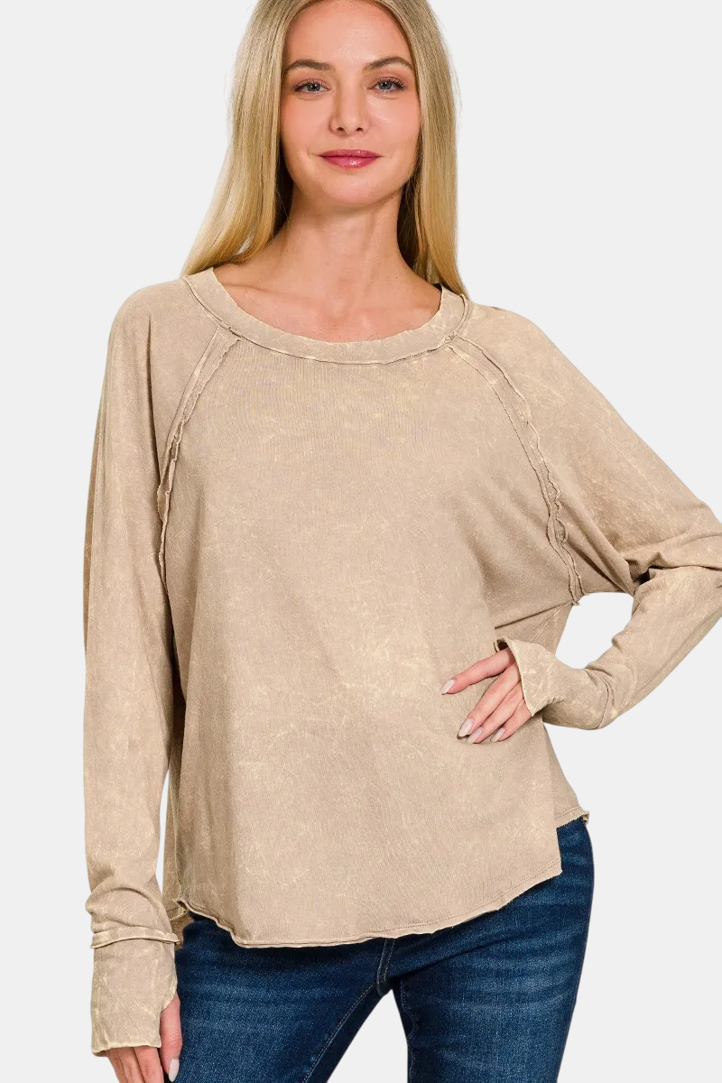 Crinkle Washed Thumb Hole Cuffs Long Sleeve Top / ASH MOCHA