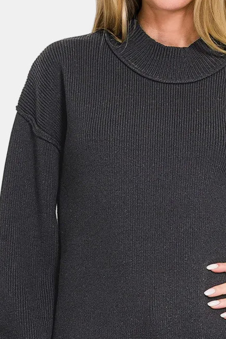 Wide Neckband Drop Shoulder Sweater / BLACK