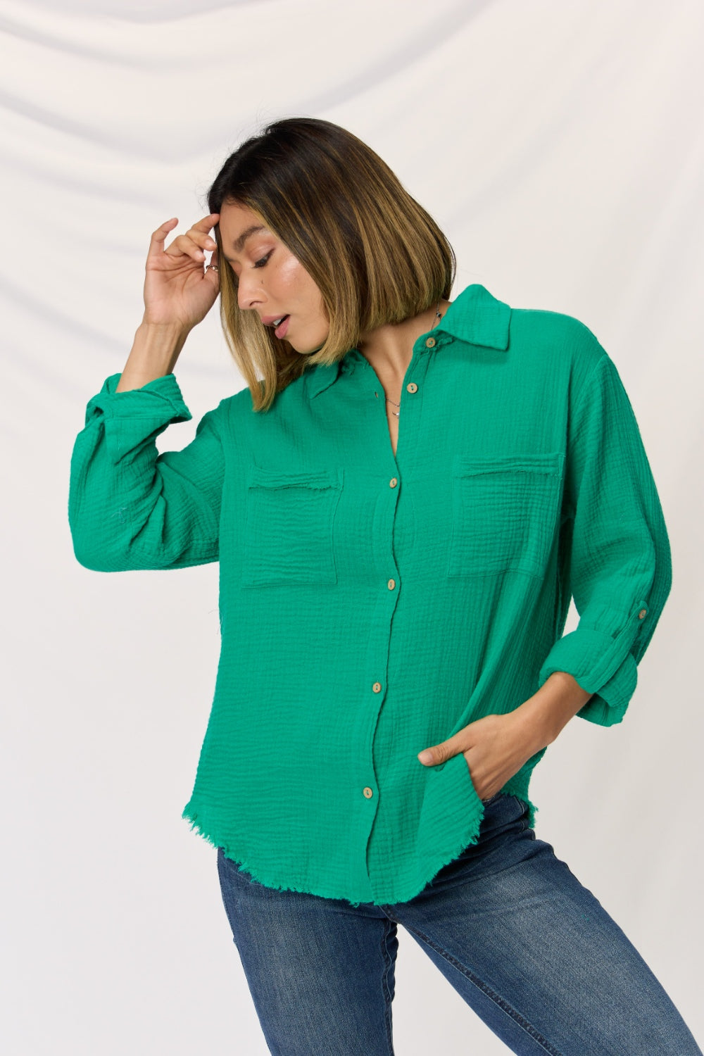 Double Gauze Button Down Roll-up Long Sleeve Shirt / K GREEN