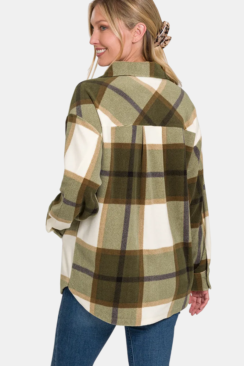 Oversized Plaid Fleece Shacket / OLIVE