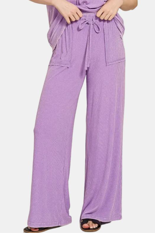 Ribbed Acid Wash Rayon Top & Pants Set / LAVENDER