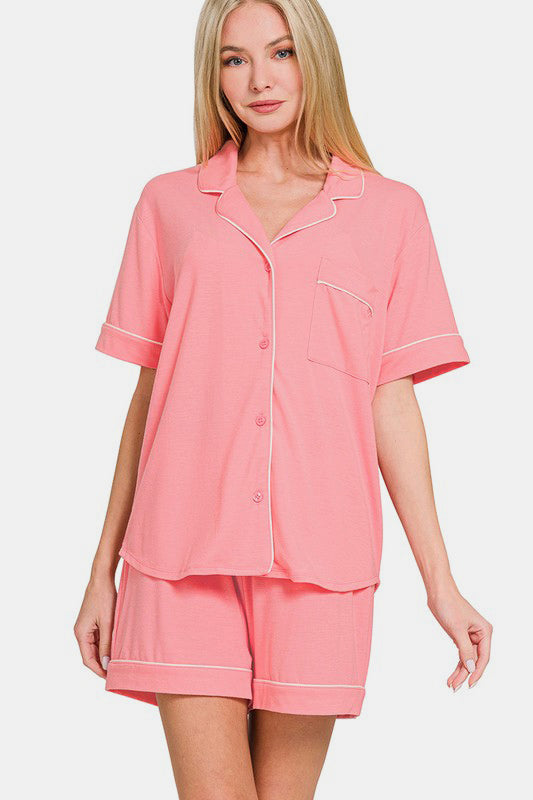 Short Sleeve Button Down Shirt & Shorts Set / DK PINK