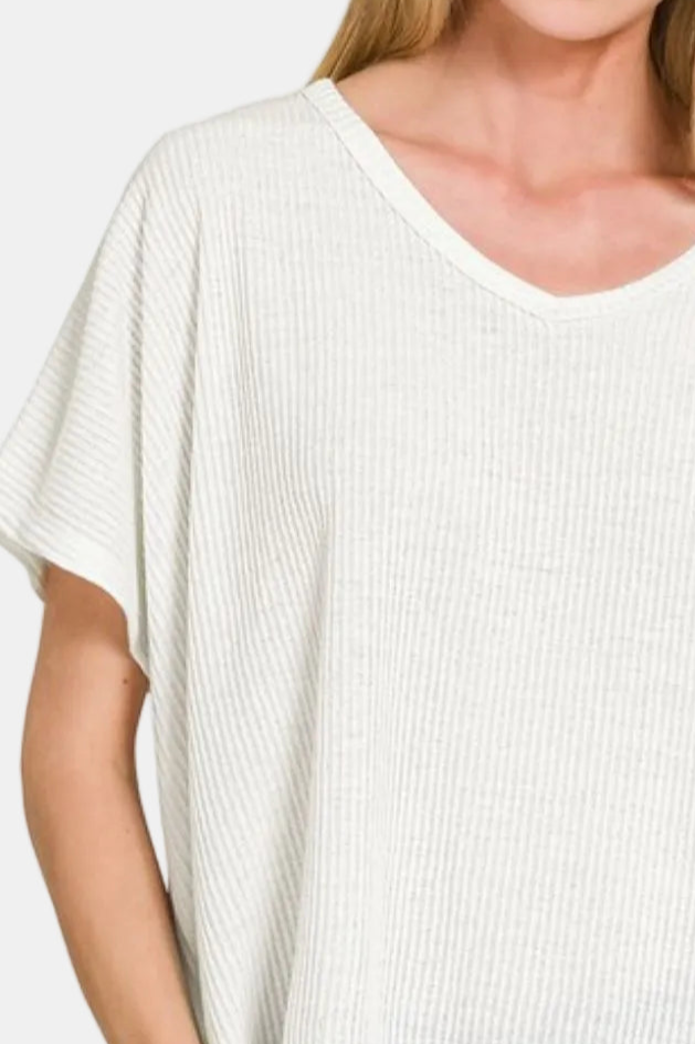 Ribbed V-Neck Short-Sleeve Sweater / OFF WHITE