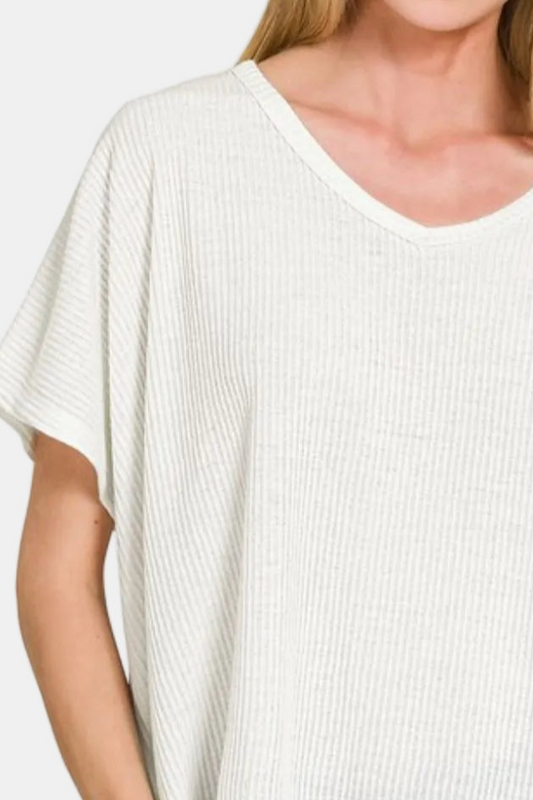 Ribbed V-Neck Short-Sleeve Sweater / OFF WHITE