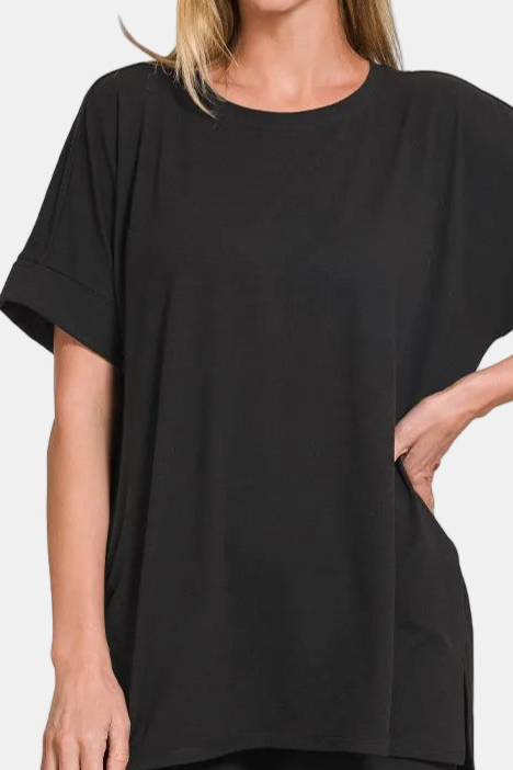 Brushed DTY Microfiber Round Neck Top and Biker Shorts Set / BLACK