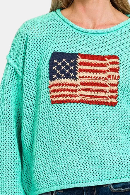 American Flag Patchwork Crew Neck Sweater / MINT