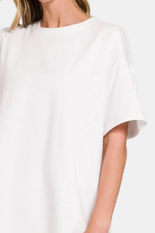 Cotton Round Neck Top & Biker Shorts Set / WHITE
