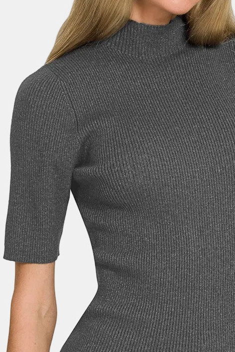 Viscose Ribbed Mock Neck Sweater / CHARCOAL