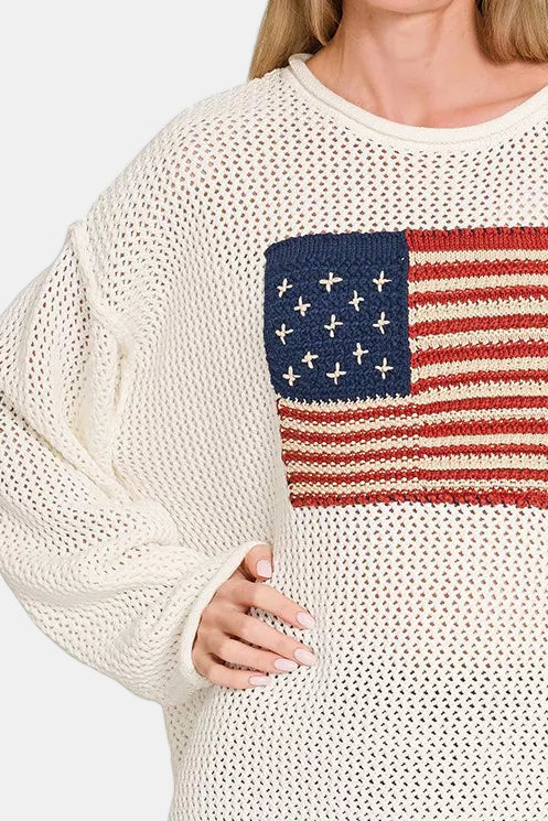 American Flag Crew Neck Open Stitch Sweater / IVORY