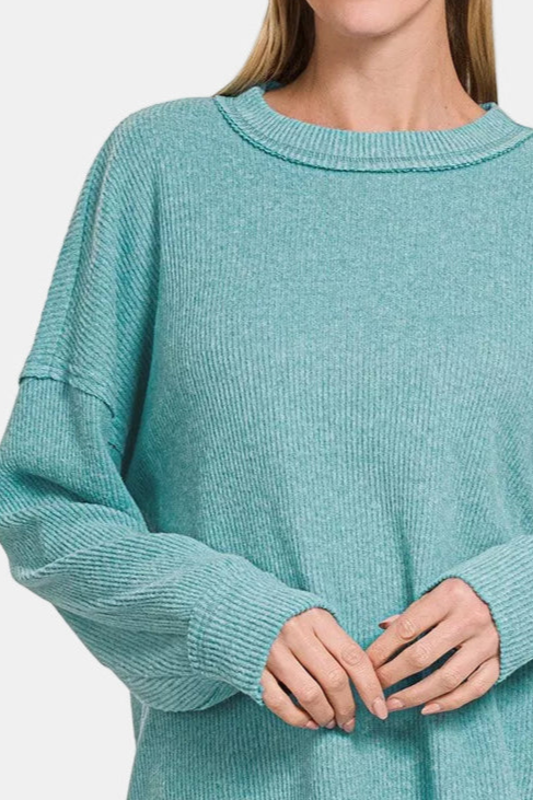 Brushed Ribbed Hacci Exposed Seam Drop Shoulder Sweater / DUSTY TEAL