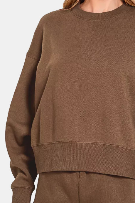 Fleece Round Neck Pullover & Shorts Set / BROWN