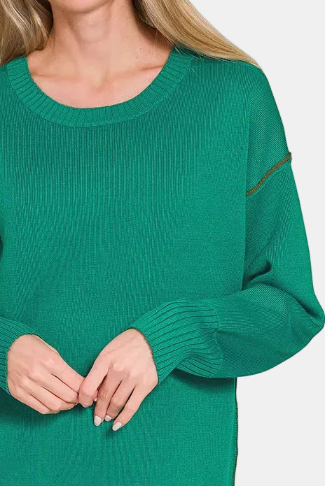 Round Neck Contrast Trim Sweater / FOREST/DK OLIVE