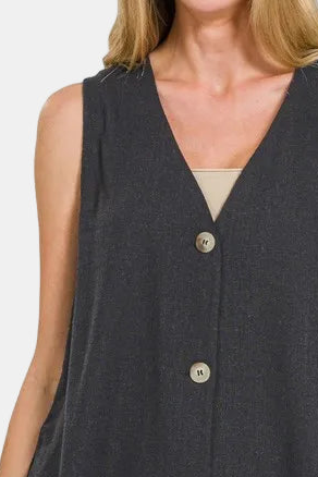 Linen 3 Button Vest / BLACK