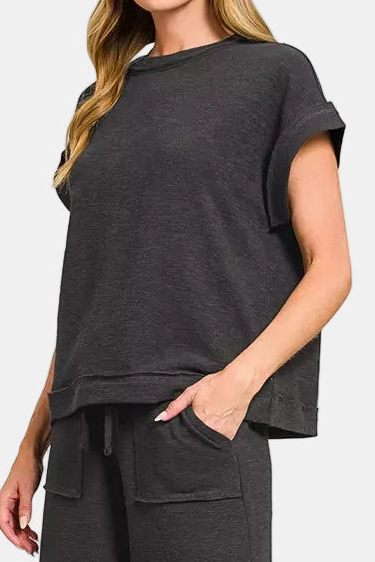 Cotton Slub Short Sleeve Tee & Long Pants Set / BLACK